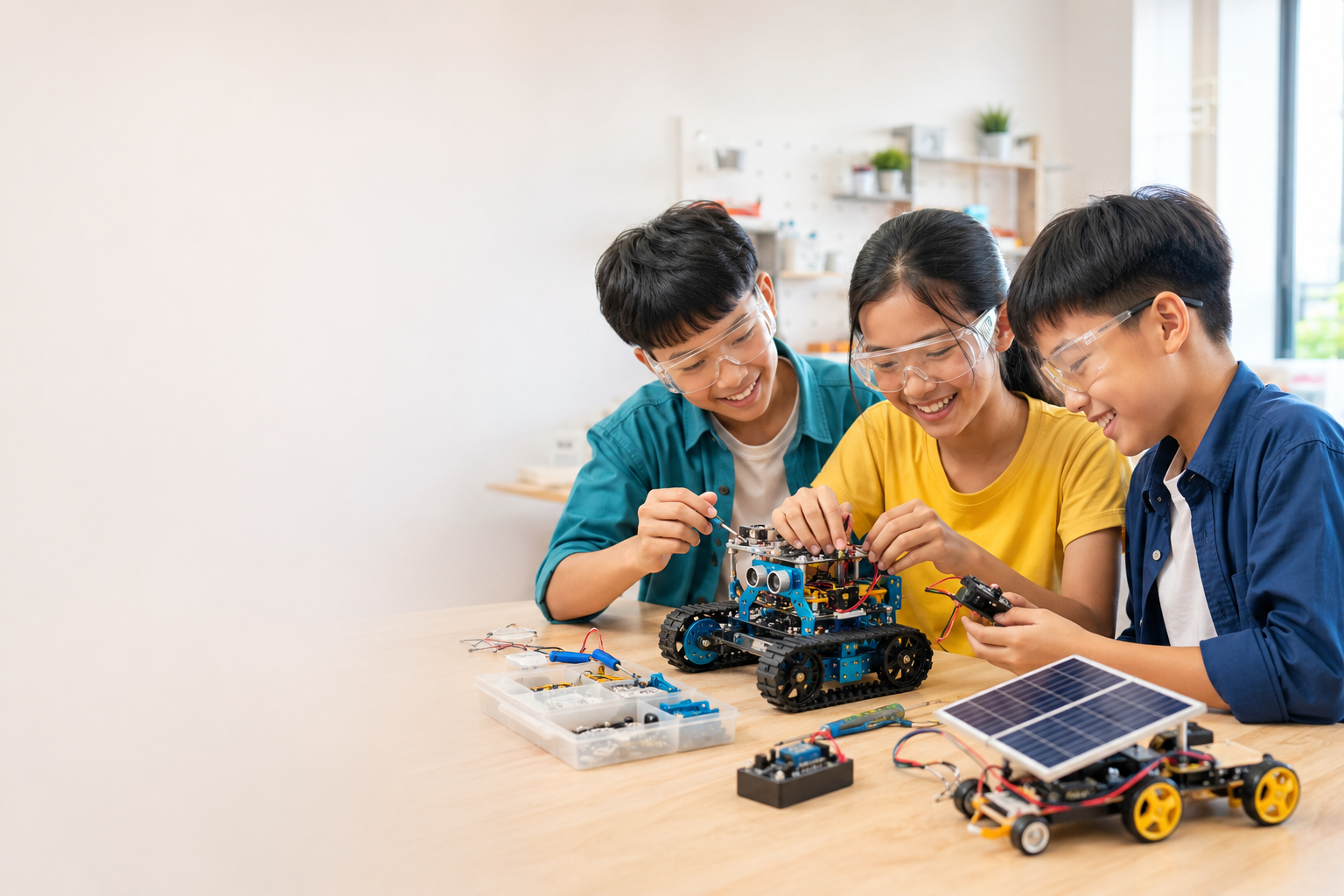 Học sinh cùng lắp ráp một dự án STEM